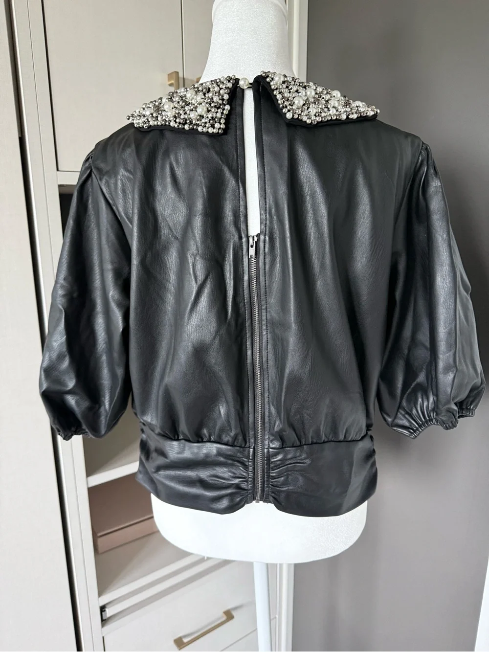 Anthropologie Black Faux-Leather Blouse with Beaded Pearl Collar